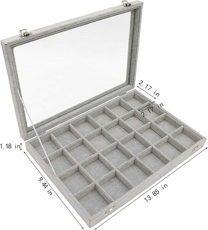Stratalife Velvet Jewelry Organizer 24 Grid Jewelry Tray with Clear Glass Lid Display Showcase Storage Organizer Box for Earring Necklace Rings Dice Gray (24 Grids)