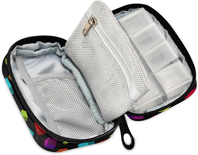 Black Geometric Cube Pill Organizer Box Case Container Holder 7 Days Weekly Travel Cute Vitamin Dispenser Sorter Planner Storage Small Compact Men Women