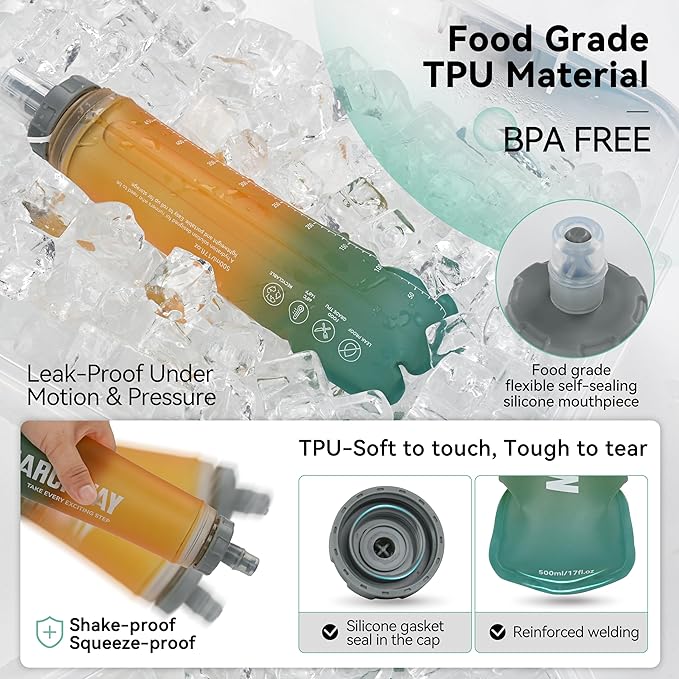 MARCHWAY Soft Hydration Flask with Wide Mouth, 300ml/500ml Collapsible TPU Water Bottle, Leakproof Portable Flexible for Running, Hiking, Cycling, Climbing, Gym, Travel (2pcs Orange-Green 500ml)