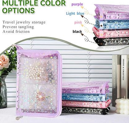 Jewelry Organizer Storage Case Travel Clear Earring Organizer Case Transparent Jewelry Storage Book with Small Clear Zippered Pouch (Purple, with 48 Pcs large Jewelry Pouches)