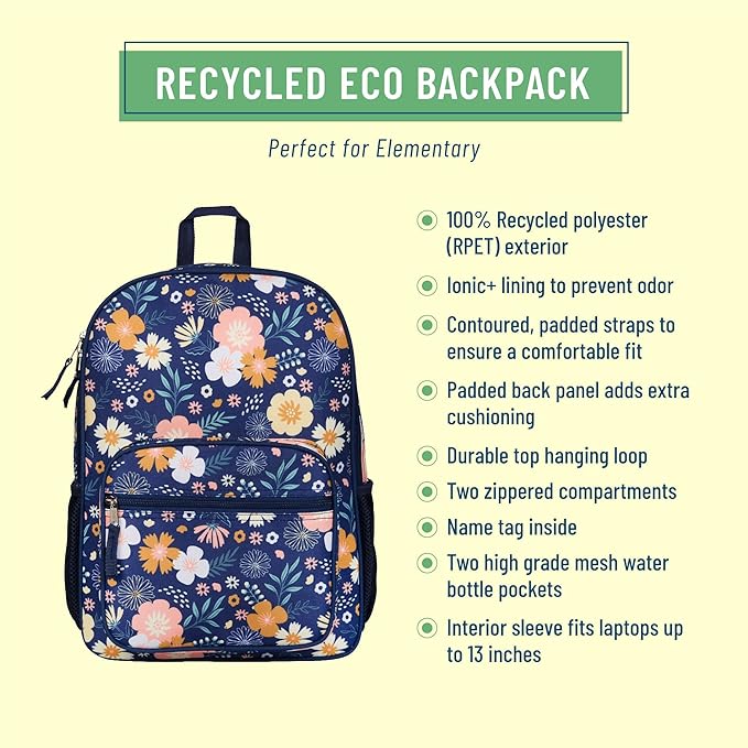Wildkin ECO rPET Kids Backpack – Recycled, Padded, Adjustable for School & Travel – Wildflower Bloom
