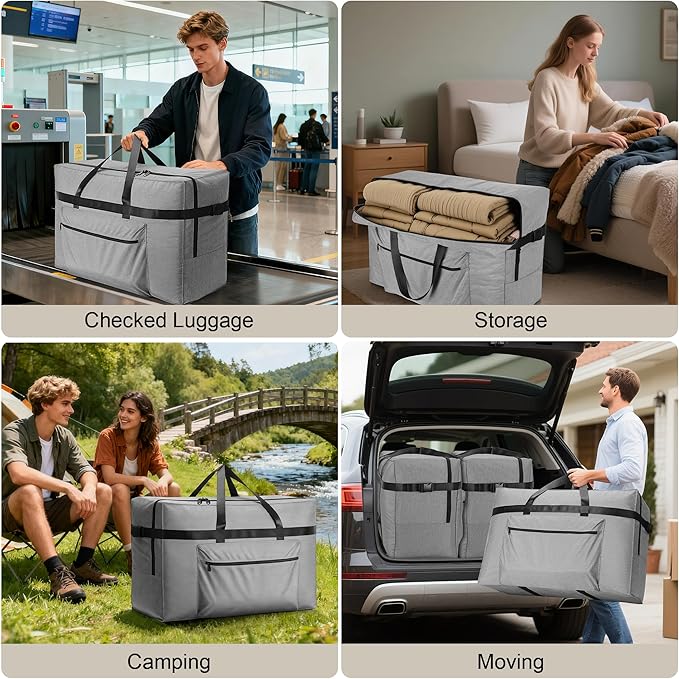 SUNUP Large Duffle Bag for Travel, 80L Foldable Travel Duffel Bag for Men Women, Waterproof Overnight Weekender Moving Storage Bags, Gray