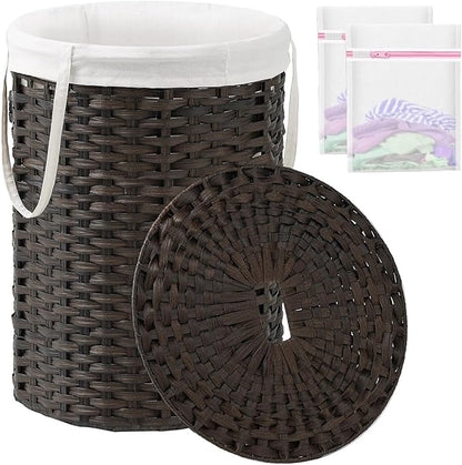 Laundry Basket with Lid Round Rattan Laundry Hamper with Lid and Handles 29.1 Gal (110 L) Handwoven Woven Basket with Removable Bags and 2 Mesh Bags for Bathroom Living Room Brown