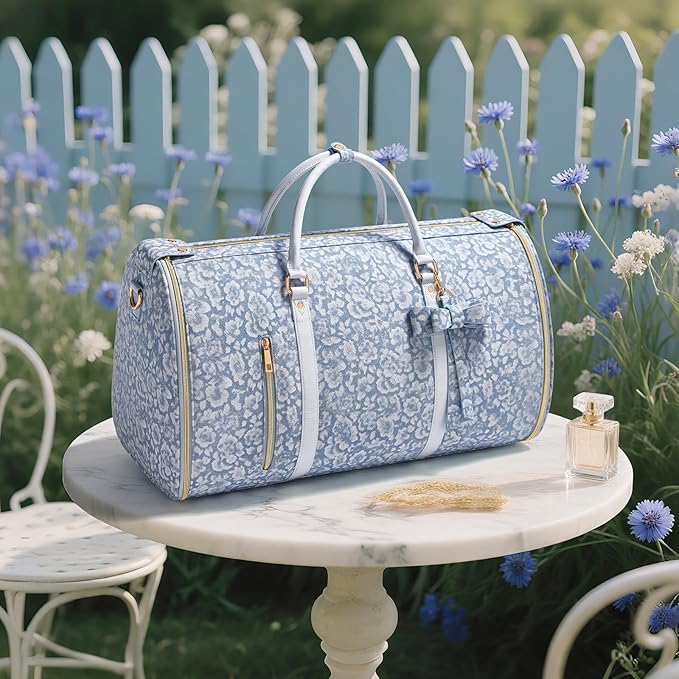 Travel Garment Bag for Women, Foldable Carry On Garment Duffle Bag 20.5x10x12.5 Inch, Convertible Overnight Bags with Shoe & Toiletry Pockets for Business Trip, Vacation, Party, Blue-White