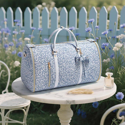 Travel Garment Bag for Women, Foldable Carry On Garment Duffle Bag 20.5x10x12.5 Inch, Convertible Overnight Bags with Shoe & Toiletry Pockets for Business Trip, Vacation, Party, Blue-White