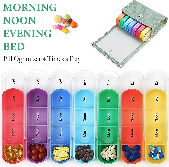 Pill Organizer,LIZIMANDU Weekly Travel Pill Case Box Medication Reminder Daily AM PM, Day Night 7 Compartments,for 4 Times A Day, 7 Days a Week-Includes Leather PU Carrying Case(1-Carved Green)