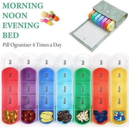 Pill Organizer,LIZIMANDU Weekly Travel Pill Case Box Medication Reminder Daily AM PM, Day Night 7 Compartments,for 4 Times A Day, 7 Days a Week-Includes Leather PU Carrying Case(1-Carved Green)