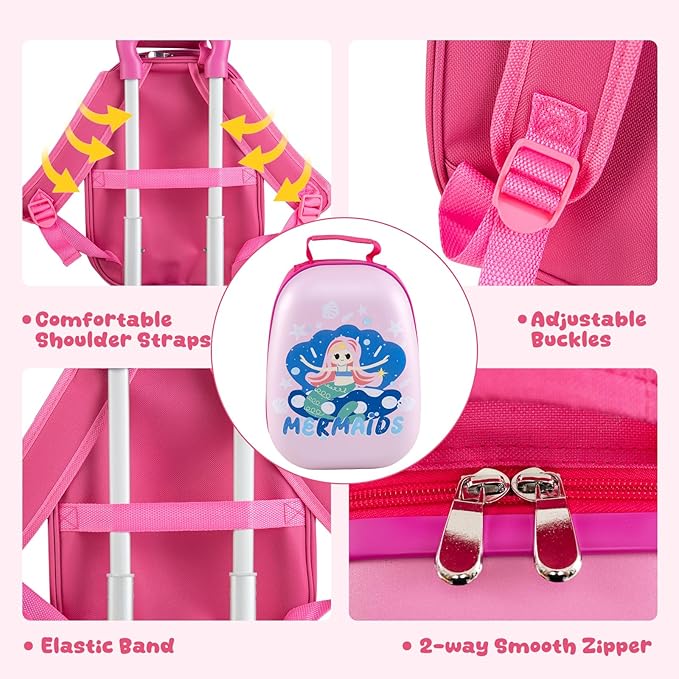 KOTEK Kids Carry On Luggage Set, 16" Hardside Rolling Suitcase with Spinner Wheels, Travel Rolling Luggage for Boys Girls (Mermaid)