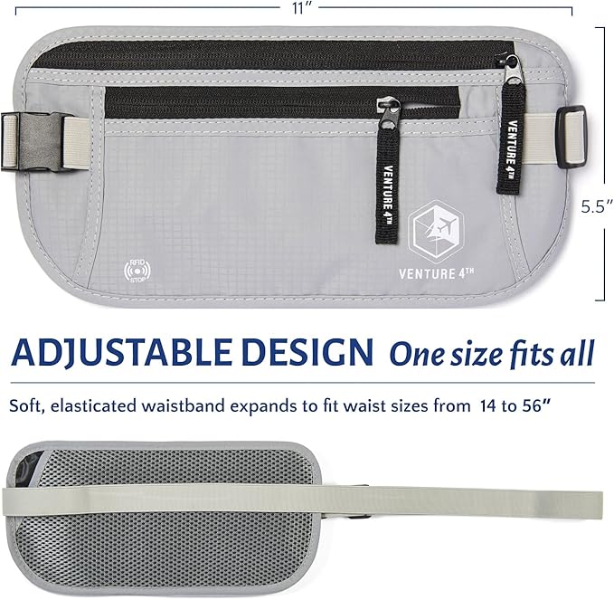 VENTURE 4TH Slim Minimalist Design RFID Money Belt with RFID Blocking Sleeves, for Men and Women – Ideal for Keeping Your Cash, Credit Card, Passport, Phone Secure When Traveling - Silver