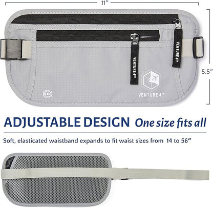 VENTURE 4TH Slim Minimalist Design RFID Money Belt with RFID Blocking Sleeves, for Men and Women – Ideal for Keeping Your Cash, Credit Card, Passport, Phone Secure When Traveling - Silver
