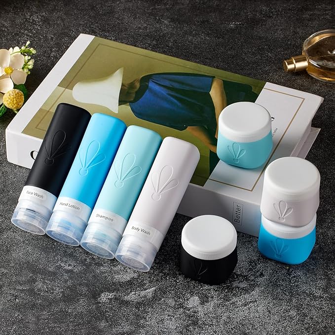 INSFIT 8 Pack Silicone Travel Bottles & Cream Jars with Toiletry Bag, 3oz Leakproof Containers & 2oz Jars with Waterproof Labels, BPA-Free Squeezable Toiletries Set for Shampoo, Lotion, Cosmetics