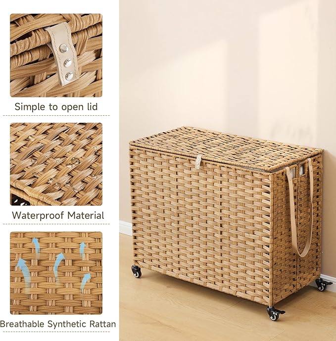 Laundry Hamper with Wheels, 52.8 Gallon(200L) Rolling Laundry Basket with Lid, Removable Large 3 Color Liners & 3 Mesh Laundry Bags, Clothes Hamper with Side Pocket, Natural