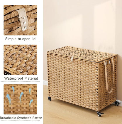 Laundry Hamper with Wheels, 52.8 Gallon(200L) Rolling Laundry Basket with Lid, Removable Large 3 Color Liners & 3 Mesh Laundry Bags, Clothes Hamper with Side Pocket, Natural