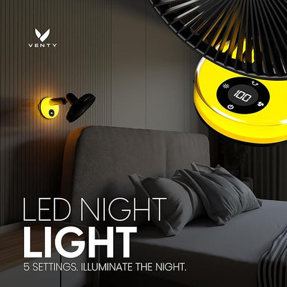 VENTY Portable Clip Fan - Rechargeable 10-Hour Battery Portable Fan - 360° Rotation & 90° Tilt - Stroller, Desk or Bedside - Aromatherapy & LED Light - USB-C Rechargeable Clip On