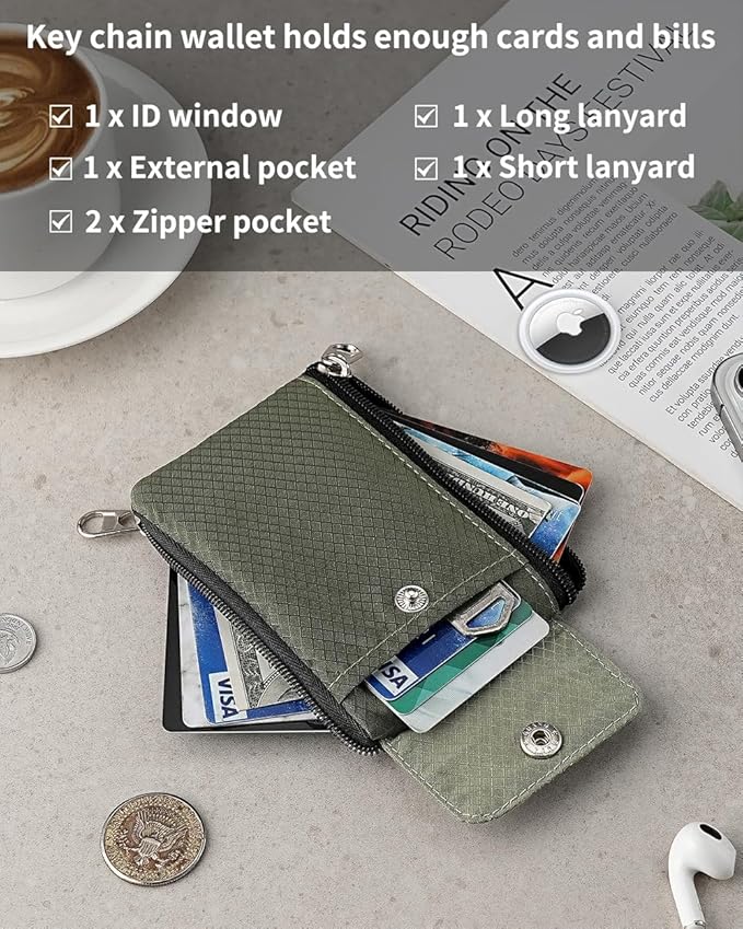 Minimalist Wallet For Mens Womens, Keychain RFID Blocking Zipper Small Wallet with ID Window 2 Lanyards,Water Resistant Travel Cash Card Coin Case Boys Girls