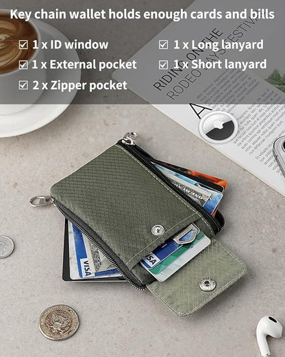 Minimalist Wallet For Mens Womens, Keychain RFID Blocking Zipper Small Wallet with ID Window 2 Lanyards,Water Resistant Travel Cash Card Coin Case Boys Girls