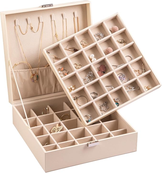 Frebeauty Earring Organizer Classic Jewelry Box 50 Slots Double Layer Jewelry Storage Case with 6 Necklace Hook and Bracelet Pocket(Beige)