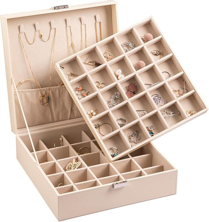 Frebeauty Earring Organizer Classic Jewelry Box 50 Slots Double Layer Jewelry Storage Case with 6 Necklace Hook and Bracelet Pocket(Beige)
