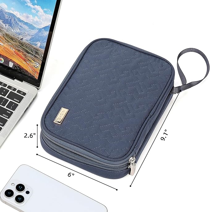 NISHEL Travel Cord Organizer Case, Double Layers Tech Electronic Bag, Essentials for Charger, Cable, Phone, Flash drive, Large, Aegean-Blue