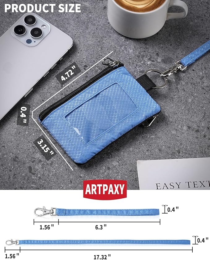 Minimalist Wallet For Mens Womens, Keychain RFID Blocking Zipper Small Wallet with ID Window 2 Lanyards,Water Resistant Travel Cash Card Coin Case Boys Girls