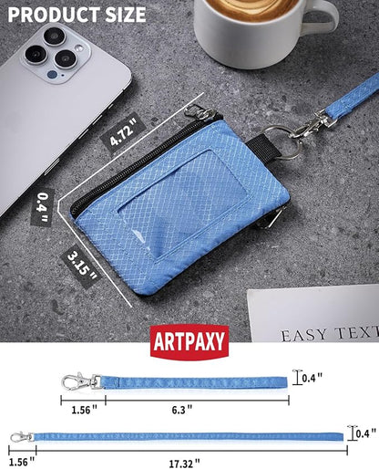 Minimalist Wallet For Mens Womens, Keychain RFID Blocking Zipper Small Wallet with ID Window 2 Lanyards,Water Resistant Travel Cash Card Coin Case Boys Girls
