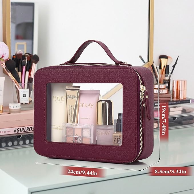Pinkmik Clear Makeup Bag Waterproof Travel Case for Cosmetics and Toiletries Women's Makeup Organizer and Car Bag with Zipper (X/Burgundy, L)