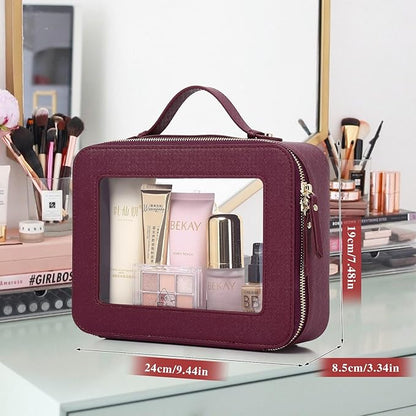 Pinkmik Clear Makeup Bag Waterproof Travel Case for Cosmetics and Toiletries Women's Makeup Organizer and Car Bag with Zipper (X/Burgundy, L)