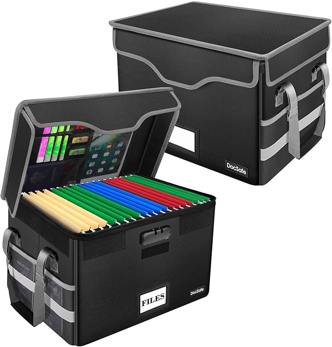 DocSafe Fireproof Document Box with Lock,File Storage Organizer with Pockets,Collapsible Portable File Box Home Office Safe Filing Cabinet with Handle for Hanging Letter/Legal Folders,Black,2 Pack