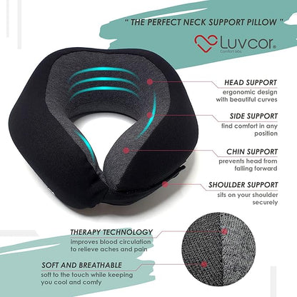 Premium Quality Memory Foam Travel Neck Pillow Bundle - Best Ergonomic Pillow for Airplane Travel, car Ride, Sleeping. Comes with Eye mask, earplugs and Storage Bag.(Stealth Black)
