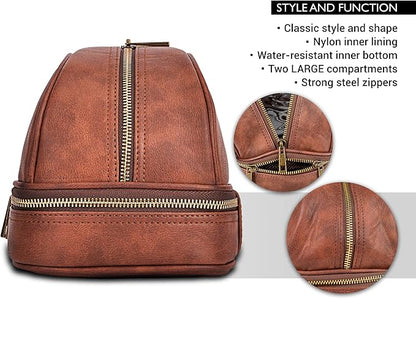 Vetell Classic Leather Men's Travel Toiletry Bag and Dopp Kit with Upper and Lower Zippered Compartments, 2 Mesh Bottle Pouches and Carrying Handle