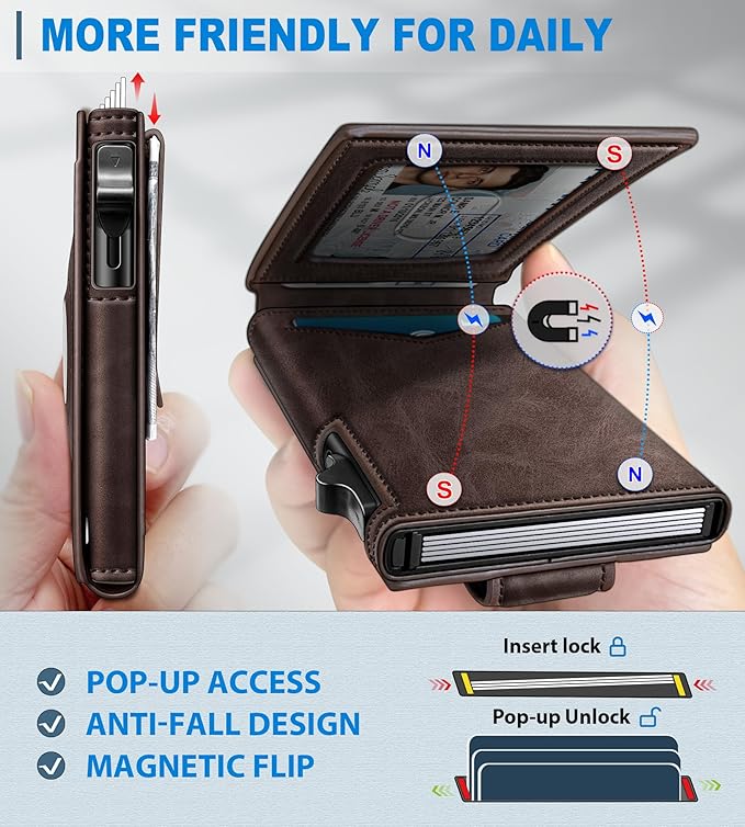 Airtag Wallet for Men,with Money Clip Gift Boxed,Slim Front Pocket Wallet RFID Blocking Metal Case Smart Pop-up Credit Card Holder in Magnetic Leather Flip