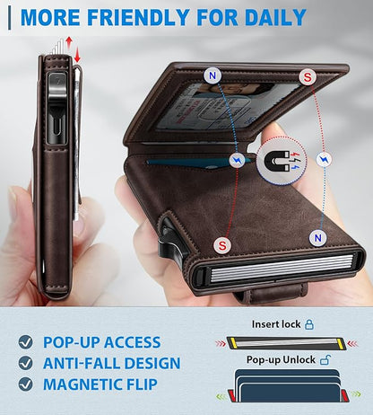 Airtag Wallet for Men,with Money Clip Gift Boxed,Slim Front Pocket Wallet RFID Blocking Metal Case Smart Pop-up Credit Card Holder in Magnetic Leather Flip