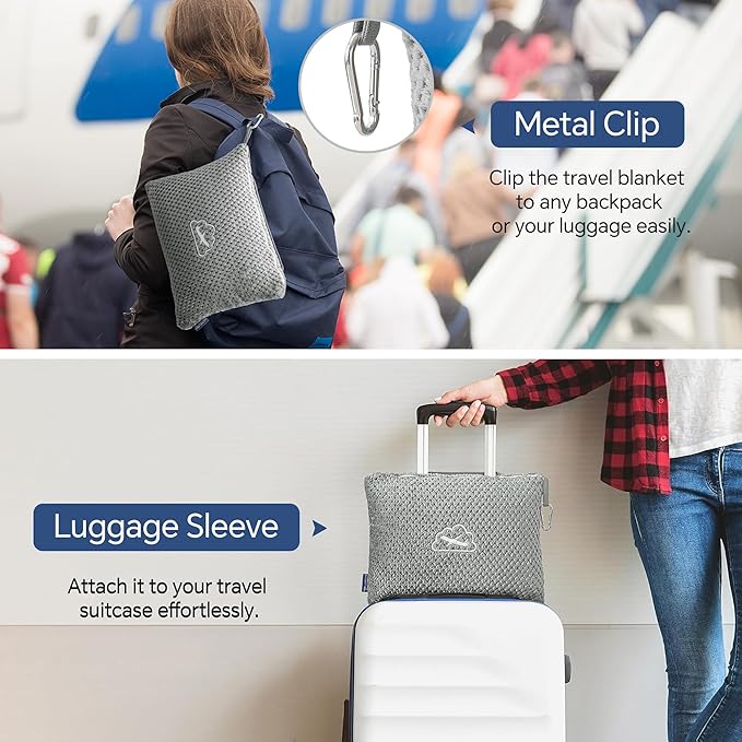 BEDELITE Travel Blanket with Bag, Ultra-Soft Jacquard Fleece Blanket with Luggage Sleeve & Backpack Clip, Airplane Blanket Travel Essentials, Grey