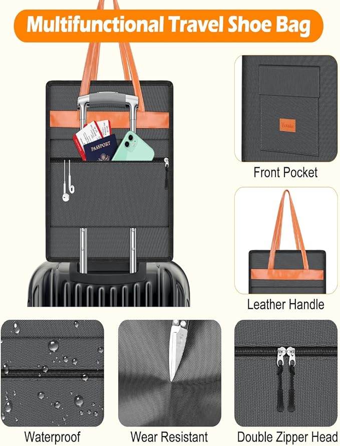 Yotako Shoe Bag for Travel with Leathers Handle-Portable Shoe Organizer with Pockets,3 in 1 Hanging Luggage Shoe Storage Bag,Travel Shoe Bag for Women Men Fit 6 PCS Shoes,Grey