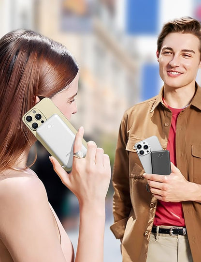 miisso Ultra Slim 10000mAh Power Bank Built-in Cables and Foldable AC Wall Plug, Pocket Size USB C Portable Charger, External Battery Pack Compatible with iPhone Samsung, 2 Pack Black & White