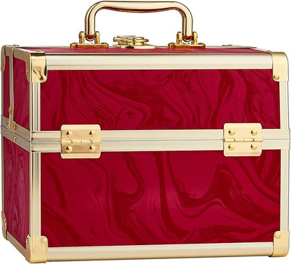 Makeup Train Case, Portable Makeup Case with Mirror, 2-Trays Cosmetic Organizer Case,Nail Polish Organizer, Travel Makeup Box, Profesional for Salon Barber, Pattern Red