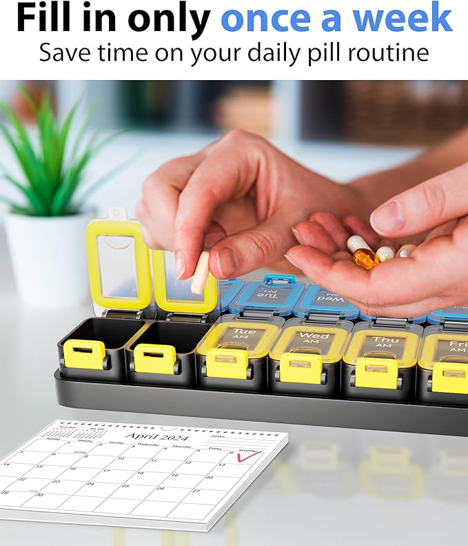 Large Weekly Pill Organizer 2 Times a Day – AM/PM Medicine Organizer with Thick Silicone Seal, Upgraded Secure Locks, Moisture-Proof Pill Box with Removable Rows for Travel, Fits Large Supplements