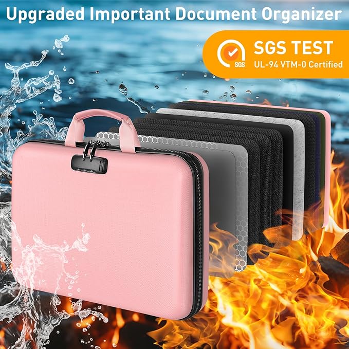 Fireproof Document Organizer with Lock, File Organizer Safe Box Fireproof Waterproof, Hard Shell Fire Proof Document Bag with 13 Pocket Accordion File Folders, Home Storage Office Organization
