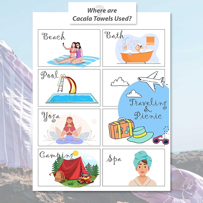 Cacala Lightweight and Thin Turkish Beach Towel 100% Cotton Sand-Free and Quick-Drying Goodness Perfect as an Extra Large Travel Towel, Beach Accessory, or Gift for Beach Lovers, 37 x 70