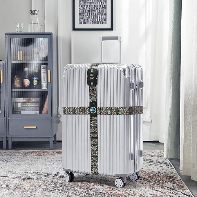Travelkin Luggage Straps TSA Approved - Adjustable Cross Suitcase Straps with TSA Lock, Reinforced Buckle, Unique Pattern - Secure Heavy Duty Luggage Straps for Travel (Geometry)
