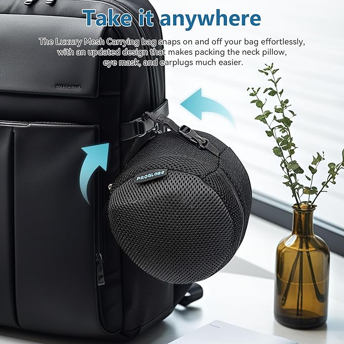 Proglobe Orthopedic Neck Pillow Travel Neck Pillows for Airplanes, Memory Foam Kit, Updated Resting Material, Airplane Travel Set with 3D Contoured Eye Masks, Earplugs, and Luxury Mesh Bag (Blue)