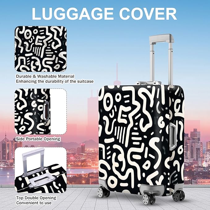 ANNA QUEEN Abstract Black and White Luggage Cover, Artistic Line Design, Stretchable & Washable Travel Sleeve for 20-34 Inch Luggage