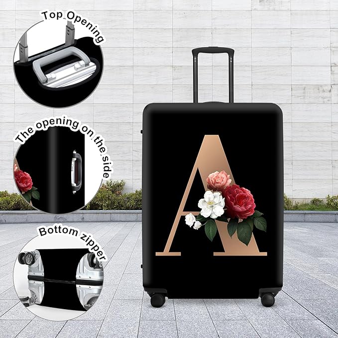 Floral A lphabet Luggage Cover Set, Vintage Letter Print Waterproof Suitcase Protector, Travel Accessories for Women Men