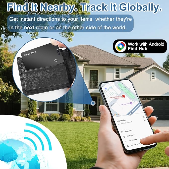 1-Pack Tracker Card for Android - Works with Google Find Hub/My Device Compatible, Ultra-Thin Wireless Charging Bluetooth Locator with Keyring Hole for Keys, Wallets, Pets, Bags & Luggages