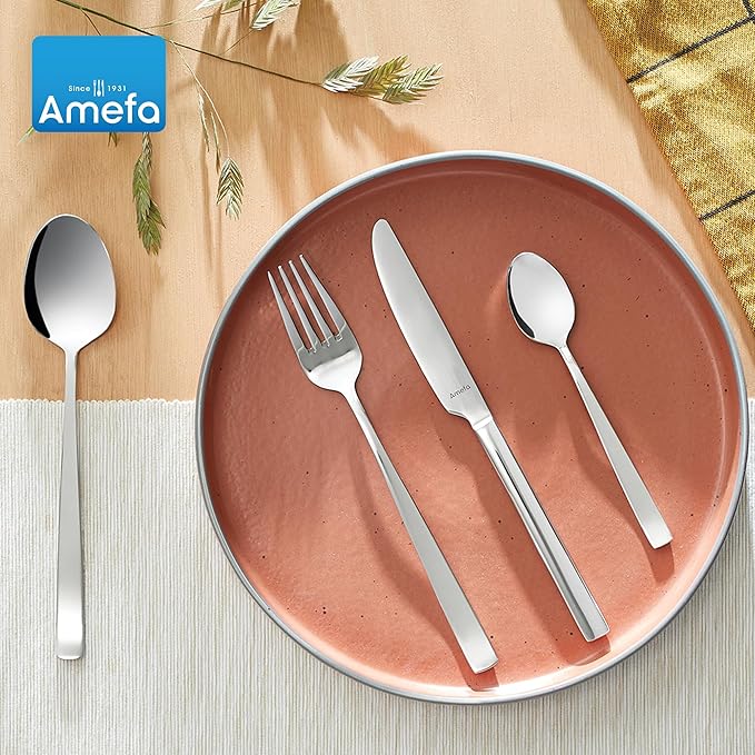 Amefa Martin 45-Piece Flatware, Set for 8 – Stainless Steel Silverware with Polished Mirror Finish, Ergonomic Handles, Rust-Resistant Cutlery Featuring Forks, Knives, Spoons, Salad Forks & Teaspoons