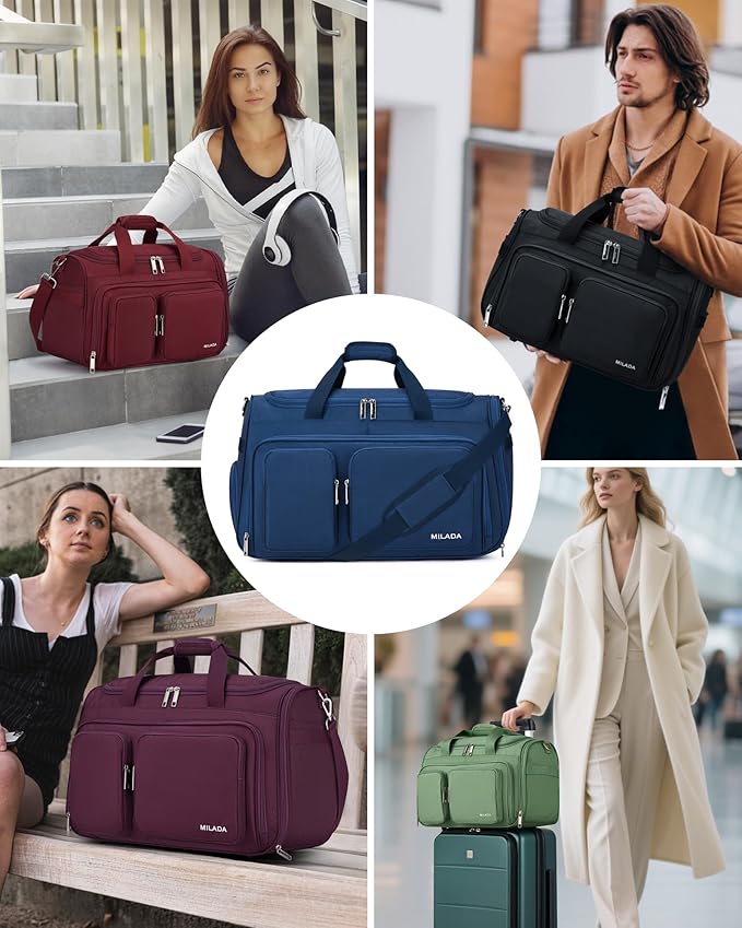 MILADA Carry On Luggage Bags for Travel Large Foldable Duffle Bag for Travel Lightweight Personal Bags for Airplanes Weekend Overnight Bags for Women Mens Travel Bag, Blue