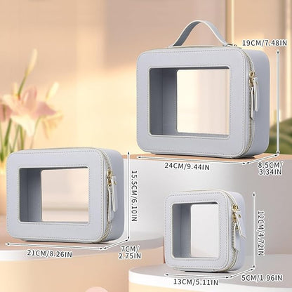 Pinkmik Clear Makeup Bag Waterproof Travel Case for Cosmetics and Toiletries Women's Purse Organizer and Clear Car Bag with Zipper (Gray, L+M+MINI)