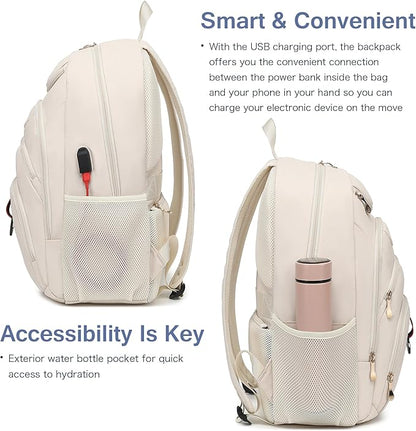 Boavan Laptop Backpack for women,15.6 inch Laptop Bag with USB Port, Waterproof Travel Work Backpack Purse, Anti-Theft Teacher Nurse Doctor Casual Bookbags Office Business backpack，Cream Beige