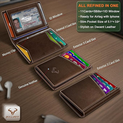 BULLIANT Men Wallet,Top Grain Leather Slim Wallet Magnetic Closure Simplifed Bill Folder RFID Blocking 11Cards