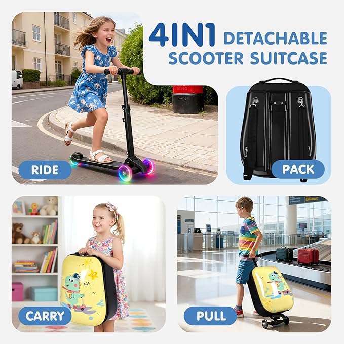 smilesun 4-in-1 Detachable Scooter Luggage for Kids & Teens, Hardside Ride-On Suitcase with Dinosaur Design, Lightweight Foldable, Perfect Travel Gift for Boys(Yellow 22-inch)